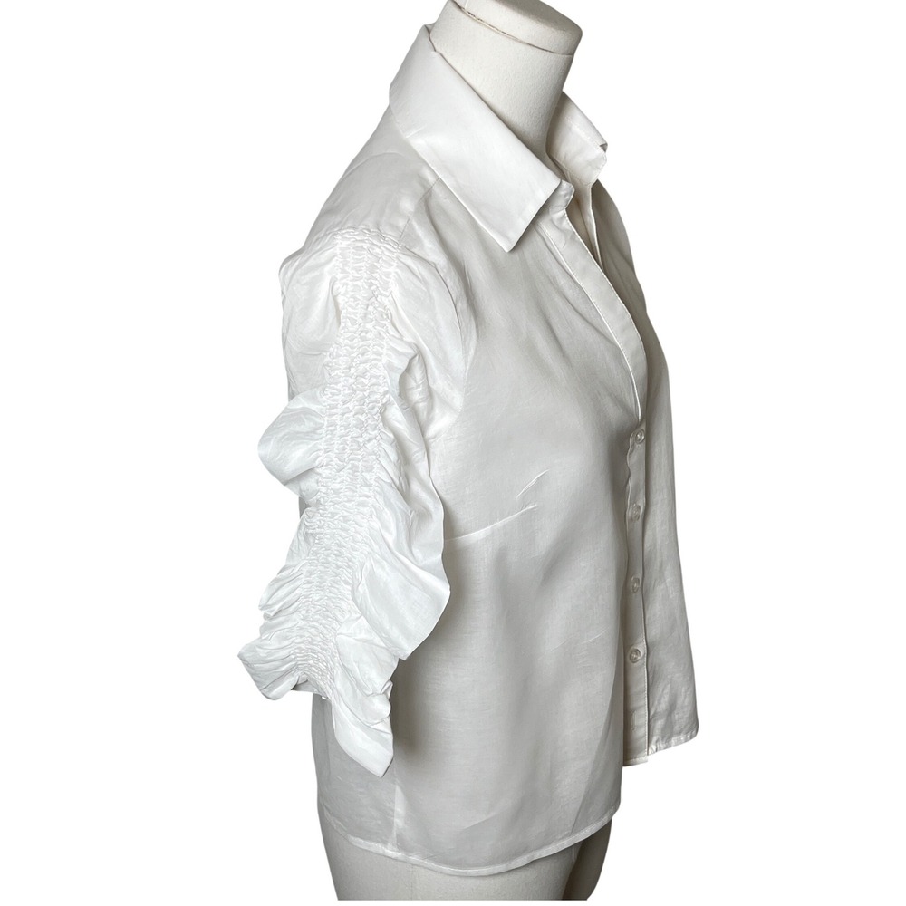 Boston Proper White Cotton Button Down Smocked Ruched‎  Sleeve Top XXS Romantic